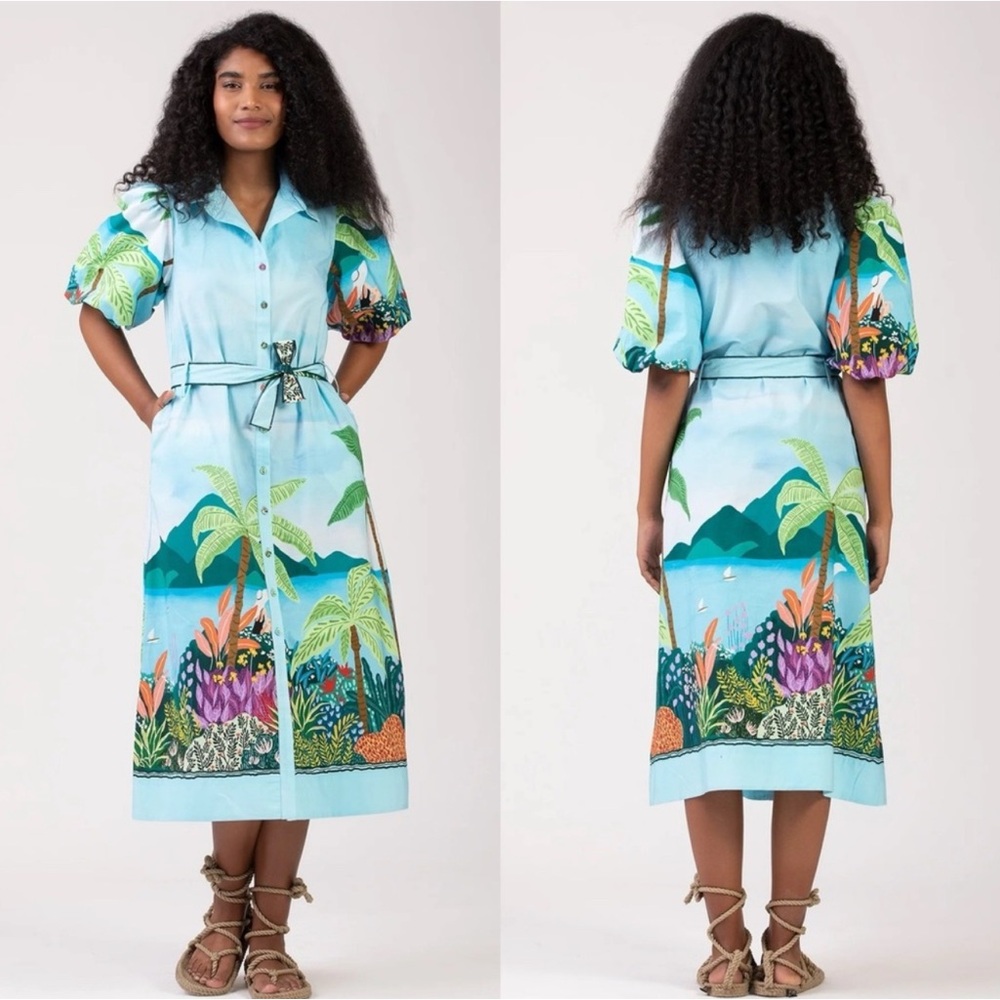 NWT CELINA MOON Alicia Midi Dress cotton poplin floral puff sleeves pockets sz S